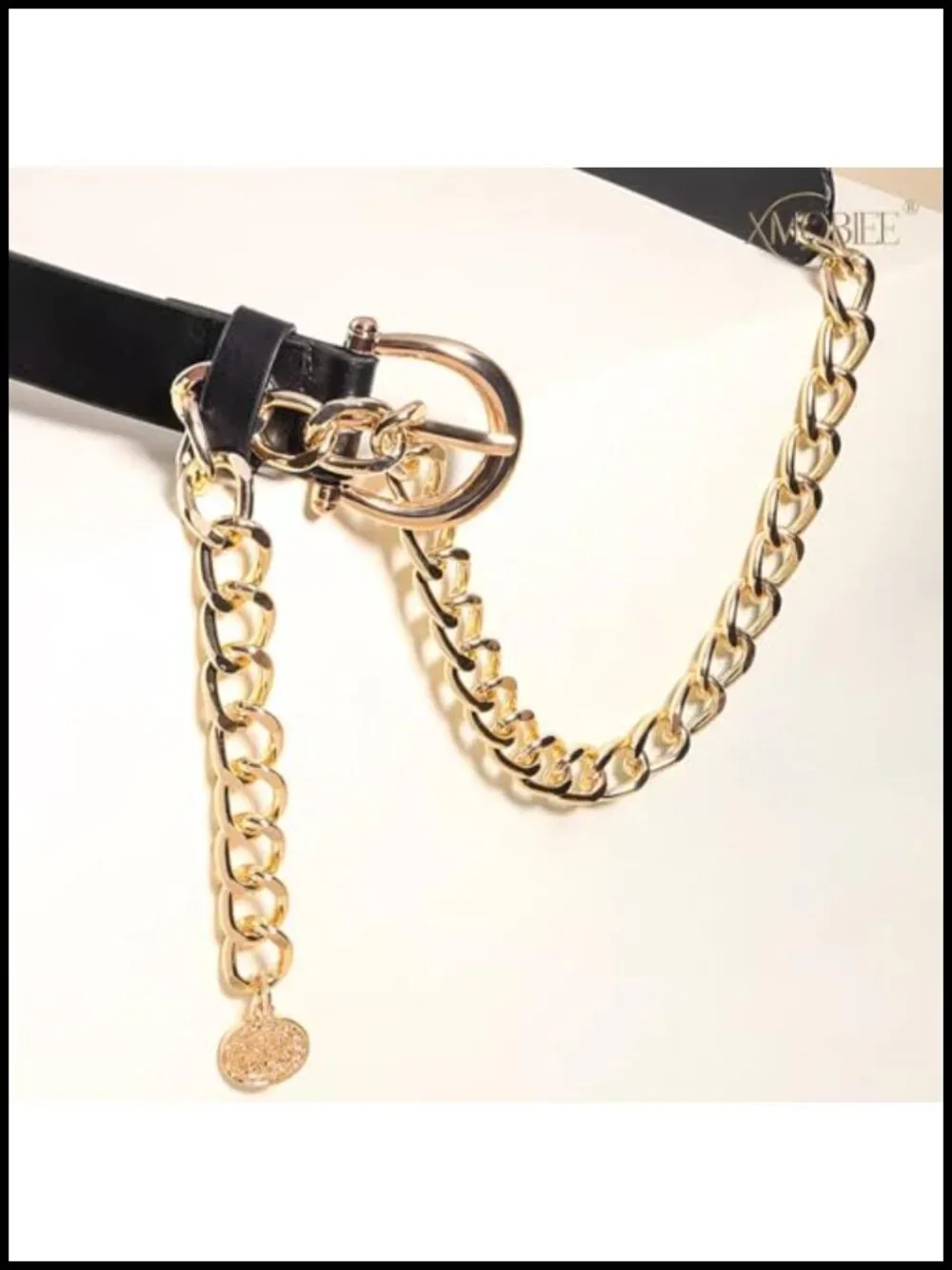 Faux Leather Belt with Gold Chain and Coin Charm, Adjustable Waist Belt for